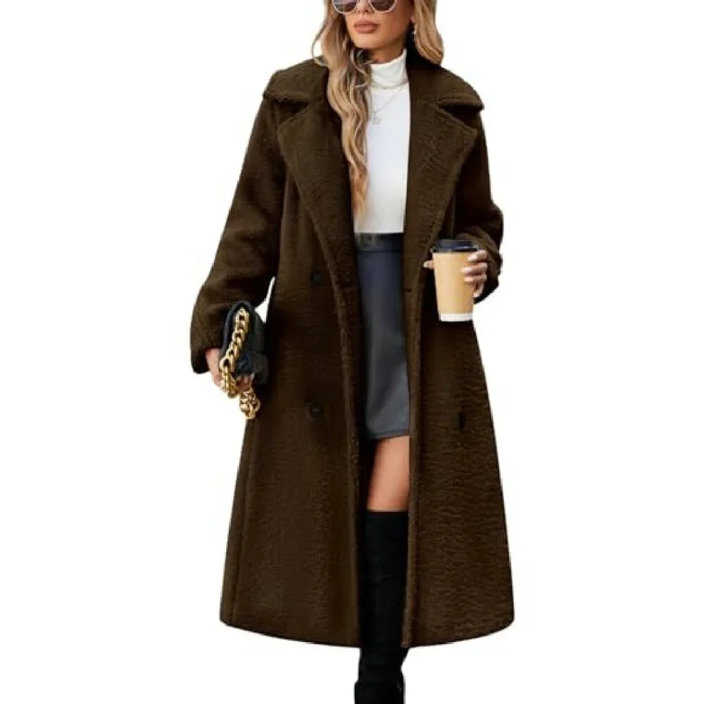 Oversized Faux Fur Long Coat Double-Breasted Winter Jacket with Pockets